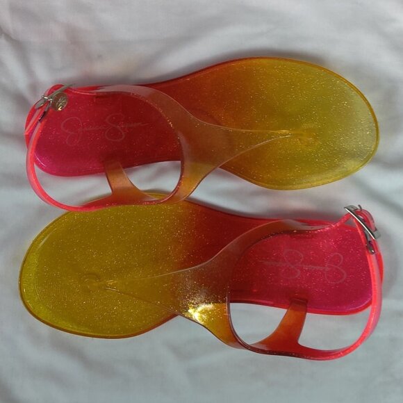 Jessica Simpson 6 Jelly Sandals Pink Yellow Ombre Glitter T-Strap Buckle Summer - Picture 11 of 14
